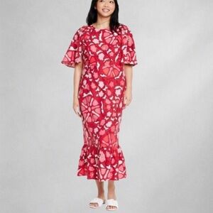 Rhode Linen Blend Floral Midi  Womens Dress 18 Zinnia Ruffle Hem